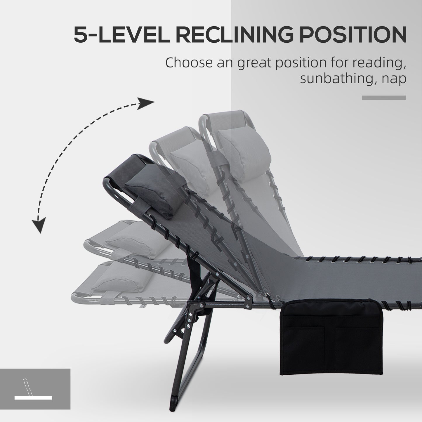 Outsunny 2 Piece Folding Chaise Lounge with 5-level Reclining Back, Outdoor Tanning Chair with Reading Face Hole, Outdoor Lounge Chair with Side Pocket & Headrest for Beach, Yard, Patio, Gray image 6