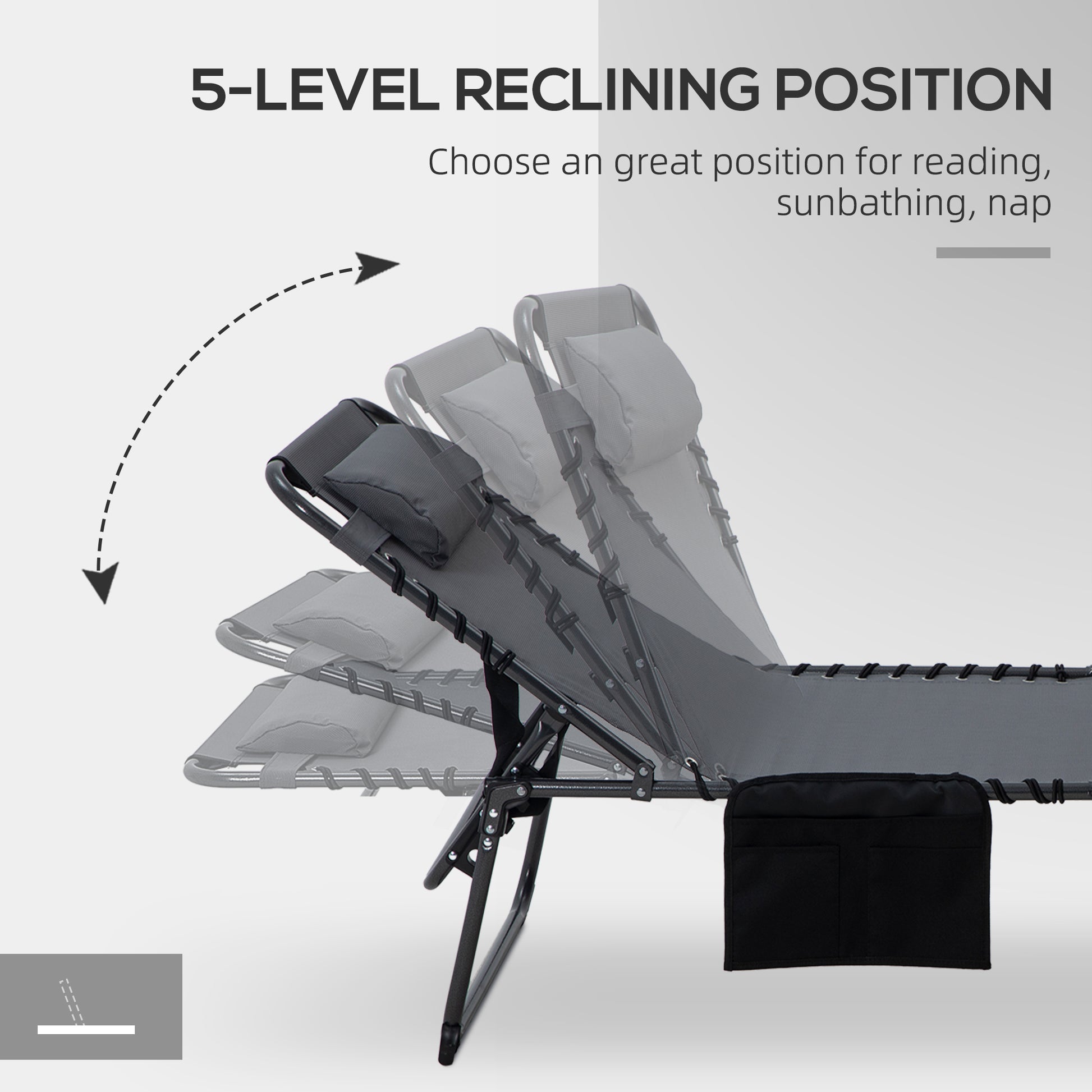Outsunny 2 Piece Folding Chaise Lounge with 5-level Reclining Back, Outdoor Tanning Chair with Reading Face Hole, Outdoor Lounge Chair with Side Pocket & Headrest for Beach, Yard, Patio, Gray image 6