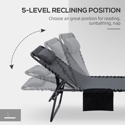 Outsunny 2 Piece Folding Chaise Lounge with 5-level Reclining Back, Outdoor Tanning Chair with Reading Face Hole, Outdoor Lounge Chair with Side Pocket & Headrest for Beach, Yard, Patio, Gray image 6