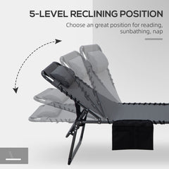 Outsunny 2 Piece Folding Chaise Lounge with 5-level Reclining Back, Outdoor Tanning Chair with Reading Face Hole, Outdoor Lounge Chair with Side Pocket & Headrest for Beach, Yard, Patio, Gray