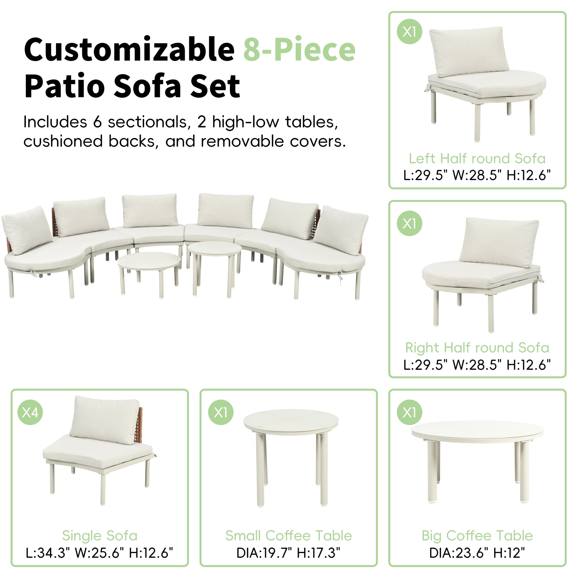 TOPMAX 8-Piece Patio Sofa Furniture Set, Half Moon Outdoor Sectional Sofa with 2 High-Low Coffee Tables, PE Wicker Rattan, Tempered Glass, 6 Pillows & Cushions, for Backyard, Garden, Poolside,Beige image 7
