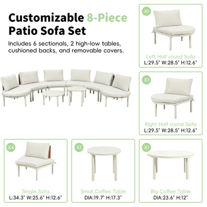TOPMAX 8-Piece Patio Sofa Furniture Set, Half Moon Outdoor Sectional Sofa with 2 High-Low Coffee Tables, PE Wicker Rattan, Tempered Glass, 6 Pillows & Cushions, for Backyard, Garden, Poolside,Beige image 7