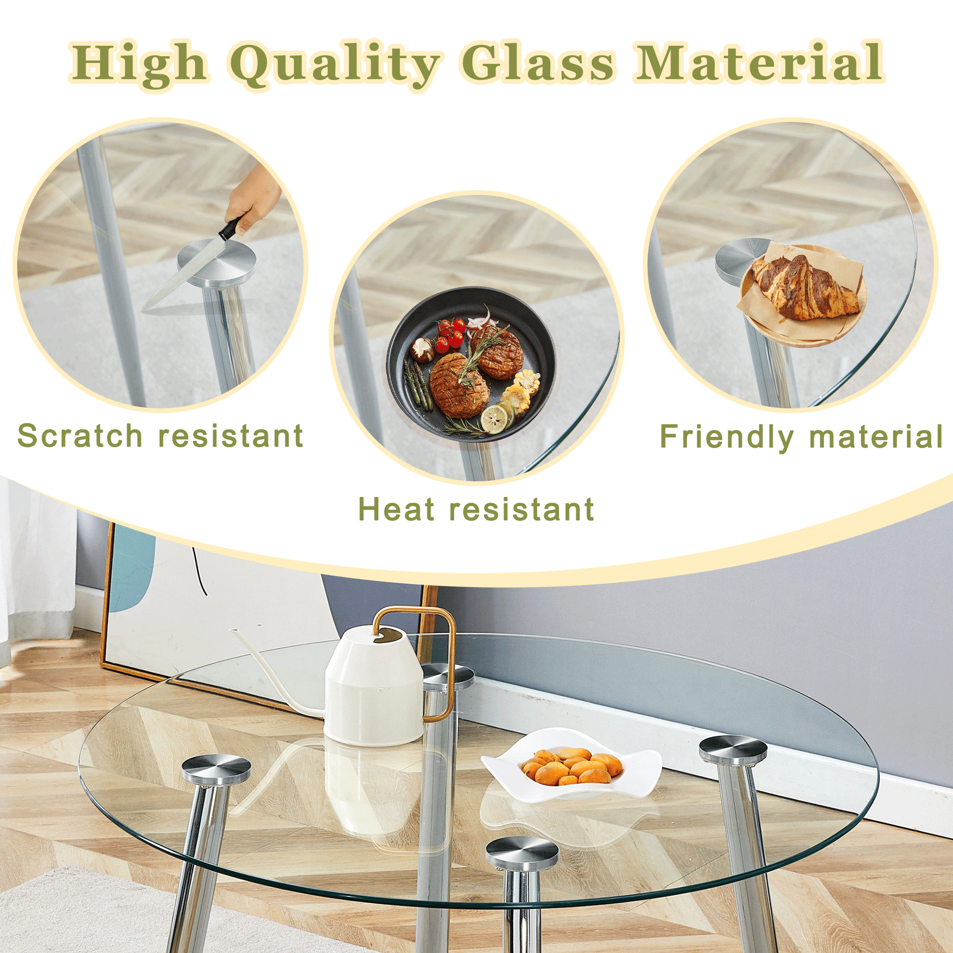 Round dining table with glass top, silver metal legs, exquisite life, starting from the details, the silver legs show an extraordinary texture, which is the finishing touch to your home image 7