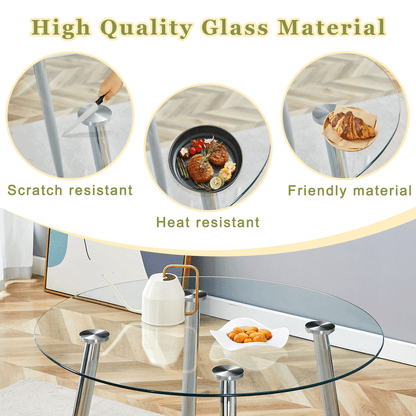 Round dining table with glass top, silver metal legs, exquisite life, starting from the details, the silver legs show an extraordinary texture, which is the finishing touch to your home image 7