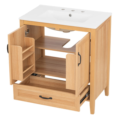 [Video] 30" Natural Wood Grain Bathroom Vanity with Ceramic Sink Top, Solid Wood Legs, Soft-Close Double Doors & Bottom Drawer, Adjustable Interior Shelf, Door-mounted Organizers image 12