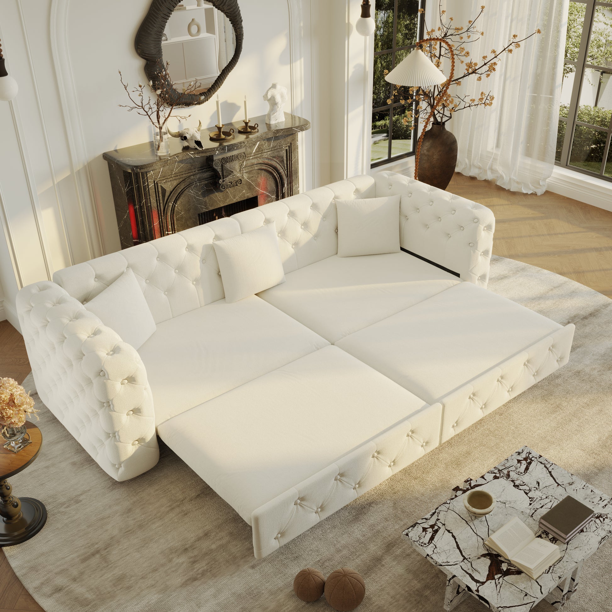 89" Extra Large Multifunctional Sofa Bed, 3-in-1 Pull Out Sofa, 4-Seater Classic Velvet Sofa with Tufted Design, Includes 3 Throw Pillows, Suitable for Apartments and Living Rooms, Beige&White image 12