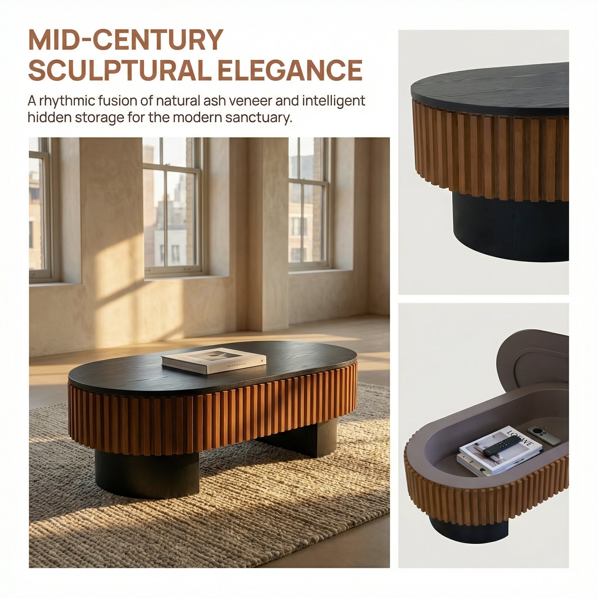 43.7" Oval Coffee Table With Hidden Storage, Fluted Modern Minimalist Wood Coffee Table for Living Room, Oval Center Table, Black + Walnut. image 10