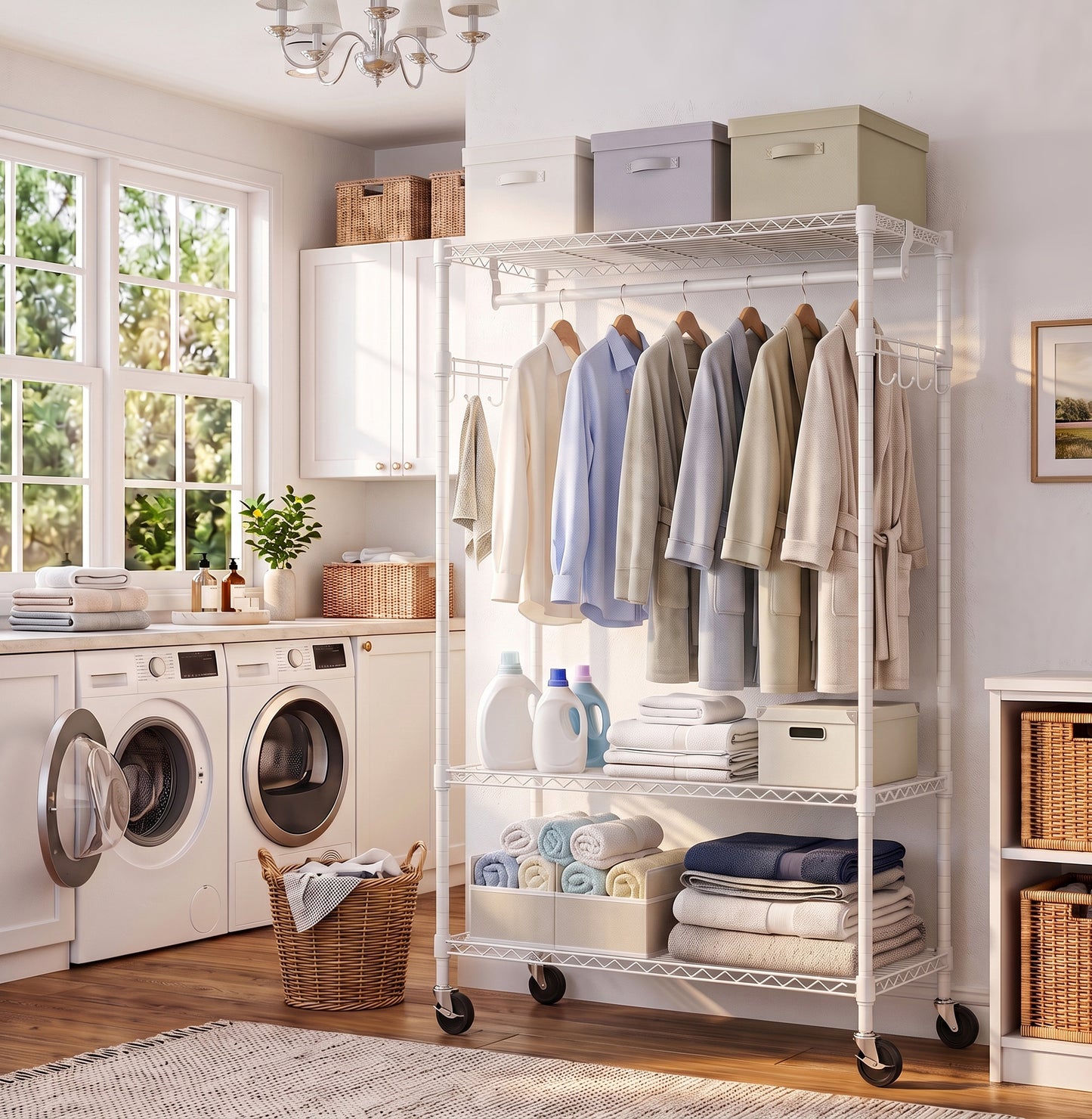 Heavy Duty Rolling Garment Rack 3 Tiers Adjustable Wire Shelving Clothes Rack with Rods and Side Hooks,Storage Closet Clothing Rack with Wheels White 15.7" D x 29.5" W x 74.5" H image 6