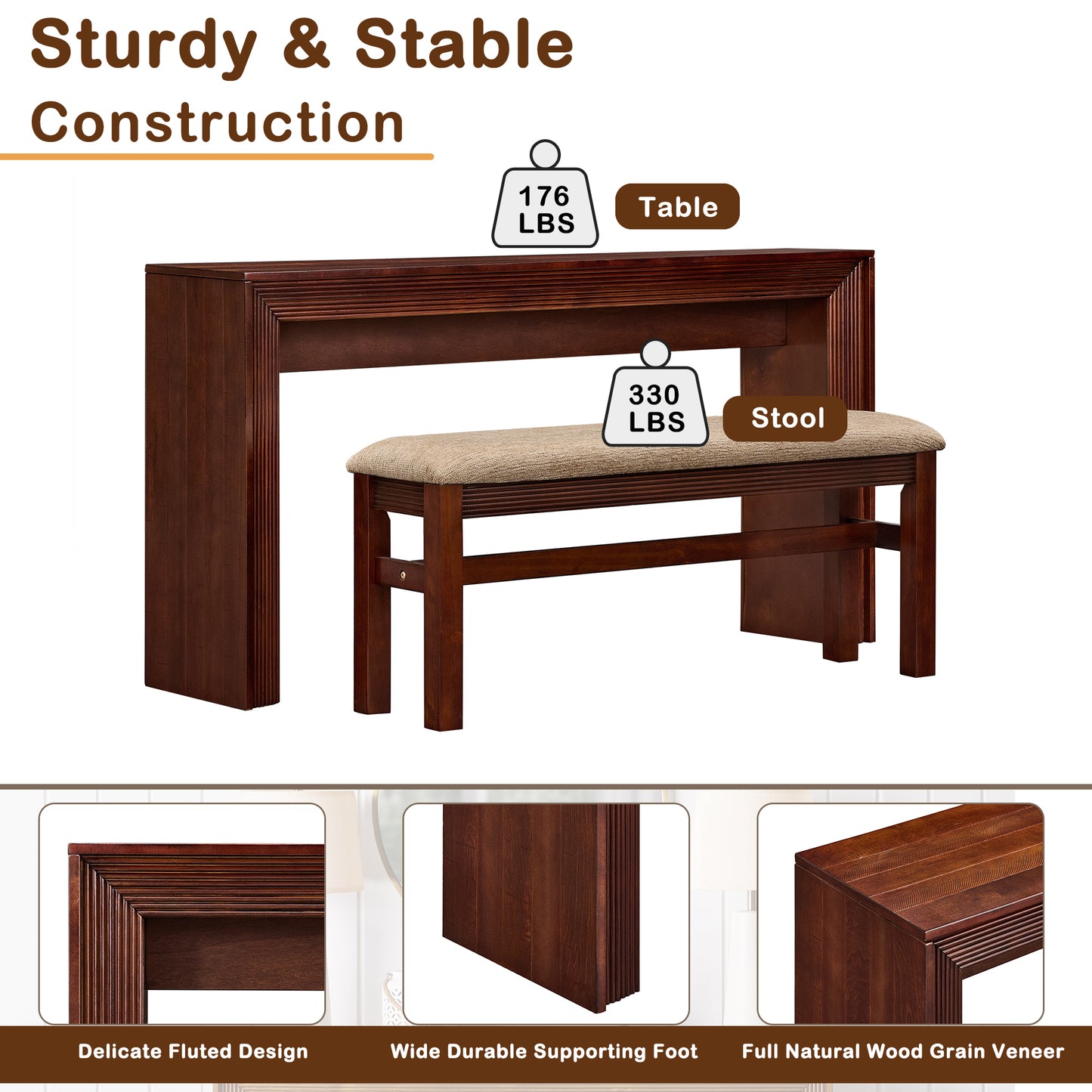 Fluted Counter Height Bar Table Set for 2, Dining Table with Fabric Upholstered Bar Stool with Solid Wood Legs, Dining Table Behind Couch for Breakfast -Cherry image 6