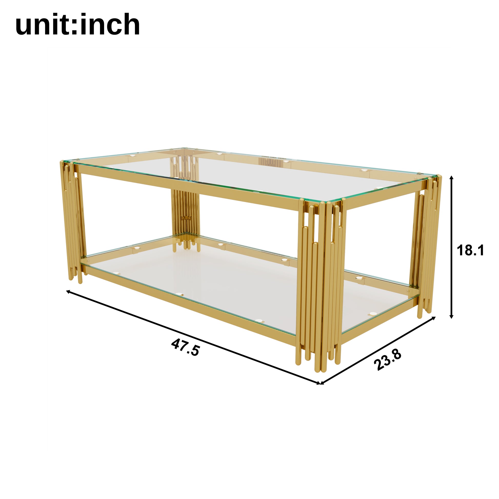 Modern Transparent Glass Coffee Table,Rectangle, Asymmetrical Metal, Gold Finish & Lower Shelf, 47.5" image 10