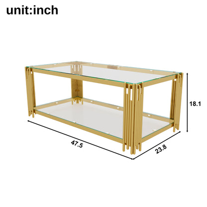 Modern Transparent Glass Coffee Table,Rectangle, Asymmetrical Metal, Gold Finish & Lower Shelf, 47.5" image 10