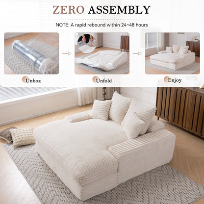 028-Oversized chaise Lounge chair, Upholstered Sleeper Sofa Bed with 4 Throw Pillows and Armrests, Corduroy Fabric Plush Lounge Chair Bed for Living Room, Apartment & Small Spaces, Beige image 3