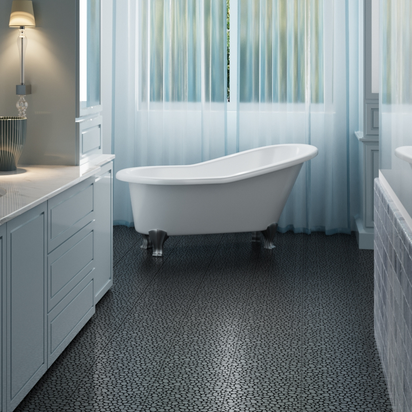 12 x 12 Inch Black Interlocking Deck Tiles Plastic Waterproof Outdoor All Weather Anti-slip Bathroom Shower Balcony Porch Strong Weight Capacity Upto 440 LBS, Pebble Stone Pattern Pack of 60 image 2