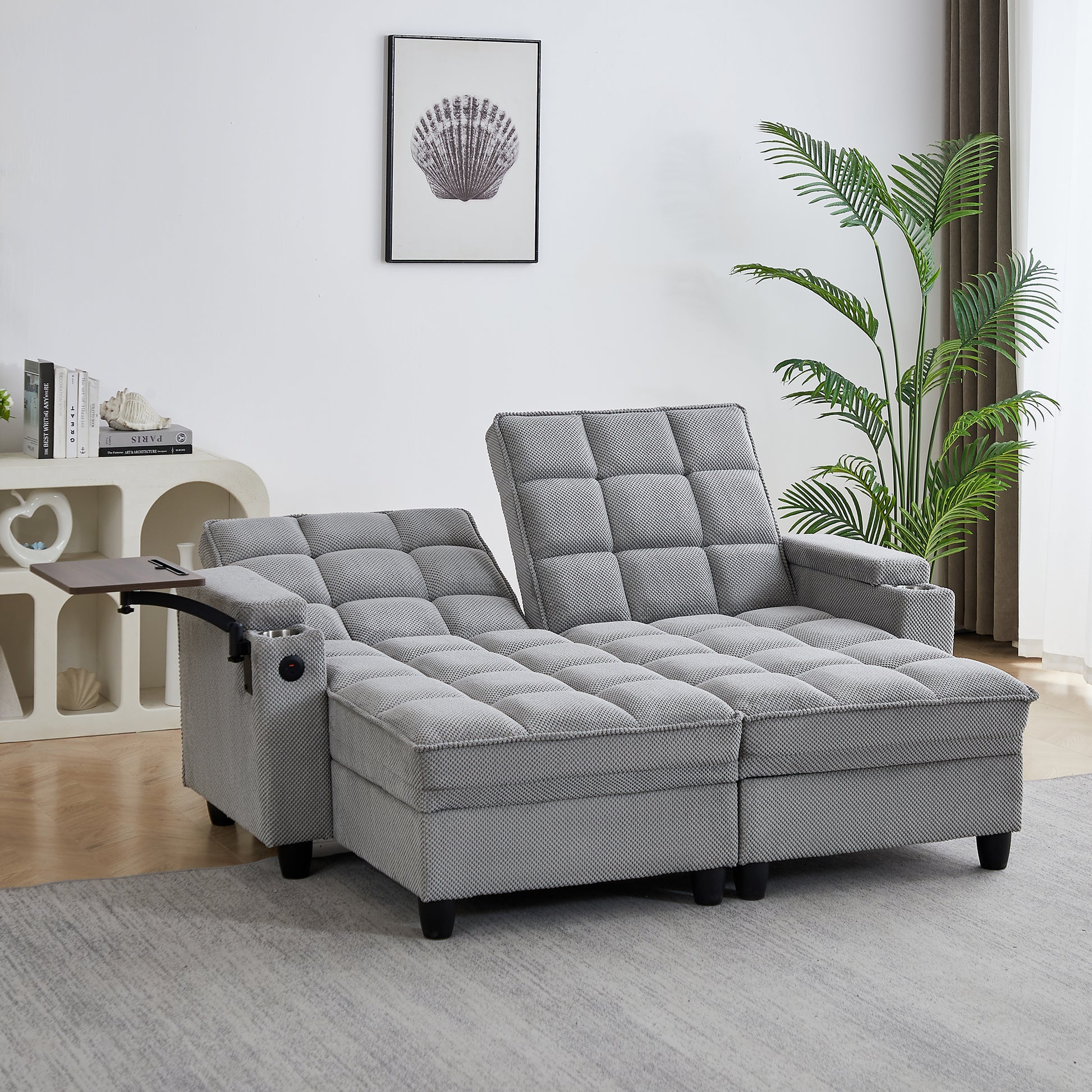 Light Grey Sofa,Sleeper Sofa Bed with 6-Position Adjustable Backrest,USB Ports, Cup Holder and Swivel Side Table image 5
