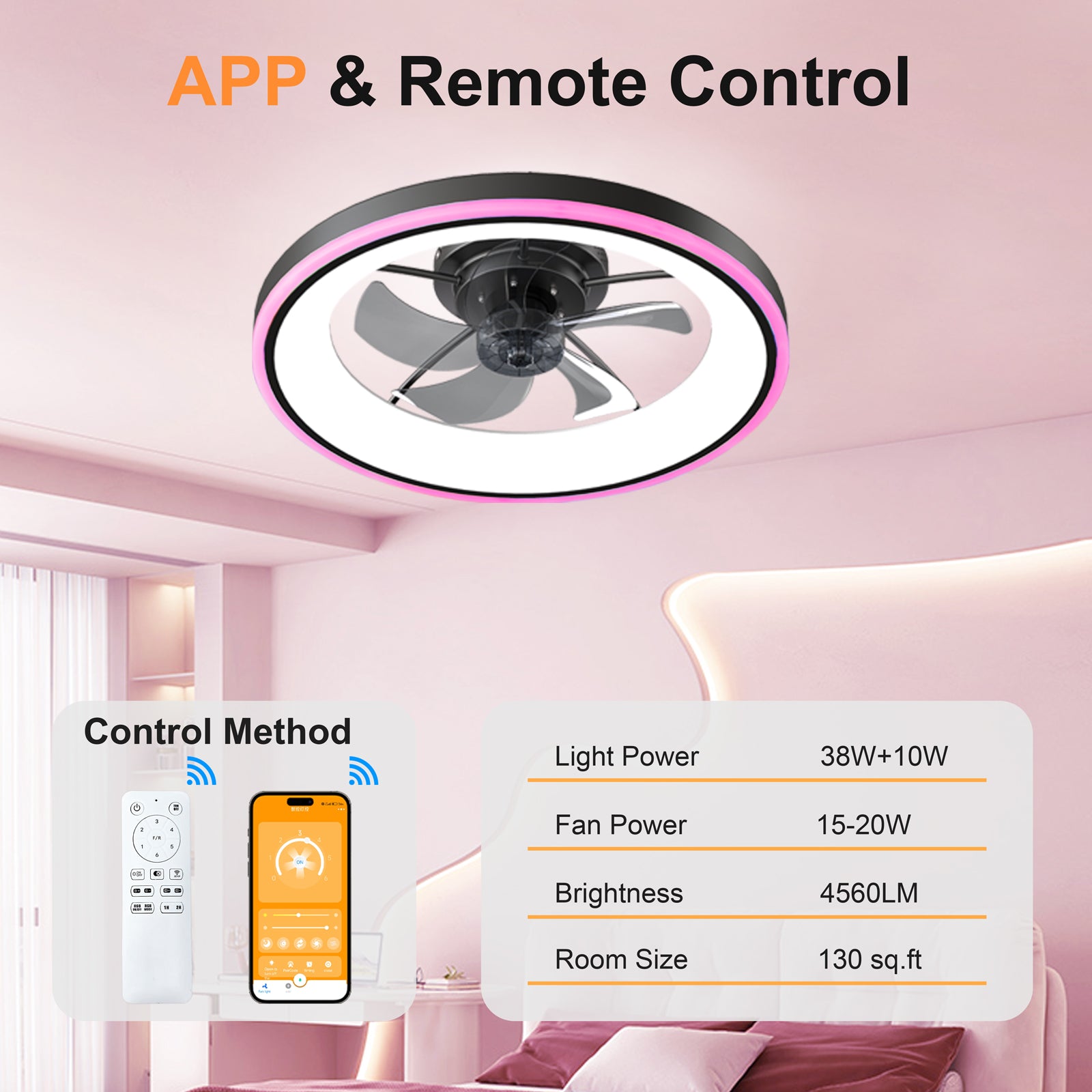 23.6" Modern RGB Ceiling Fan with Lights, Flush Mount Low Profile Fan with Remote & APP, 6-Speed Reversible Silent DC Motor, Dimmable 3000-6500K LED for Bedroom, Black image 9