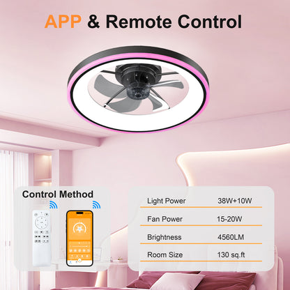 23.6" Modern RGB Ceiling Fan with Lights, Flush Mount Low Profile Fan with Remote & APP, 6-Speed Reversible Silent DC Motor, Dimmable 3000-6500K LED for Bedroom, Black image 9