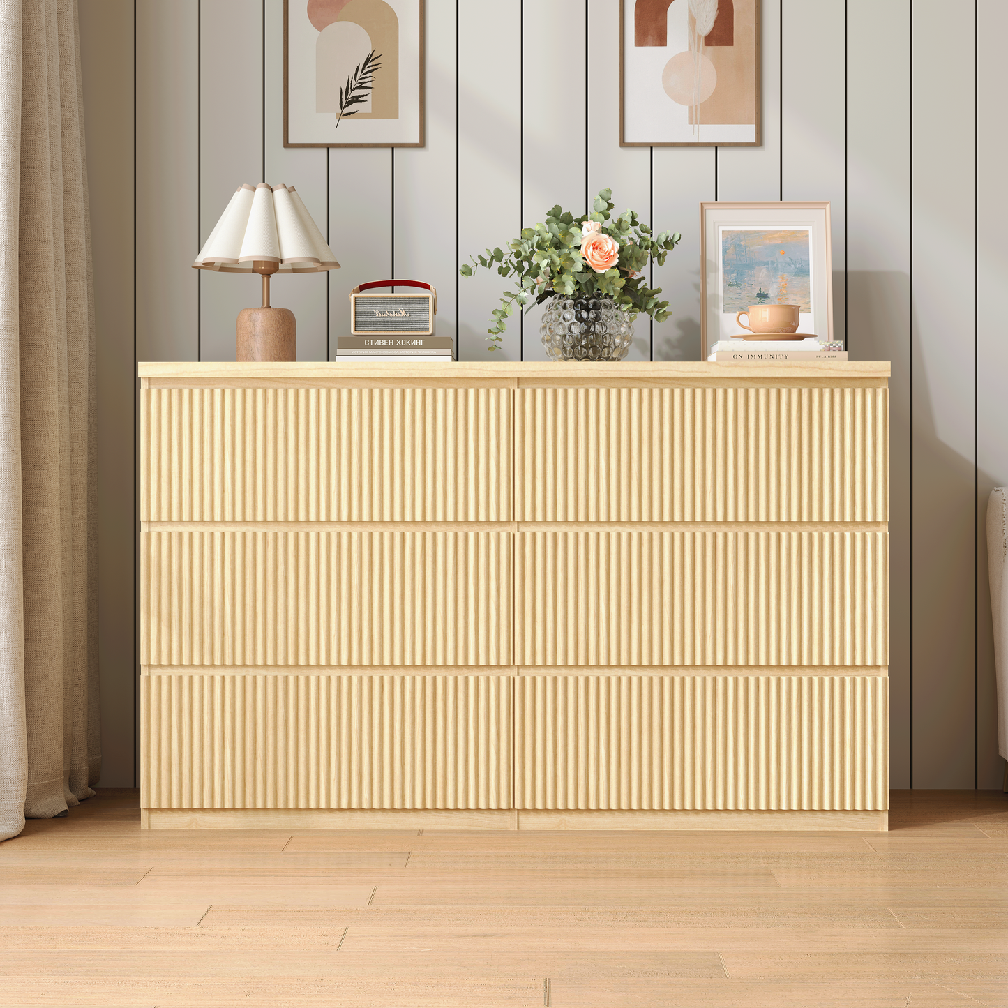 Modern Natural Wood 6 Drawer Dresser, Wave Panel Drawer Fronts, Storage Cabinet, Versatile Chest of Drawers for Bedroom, Living Room - Sleek & Spacious Home Storage Solution image 10