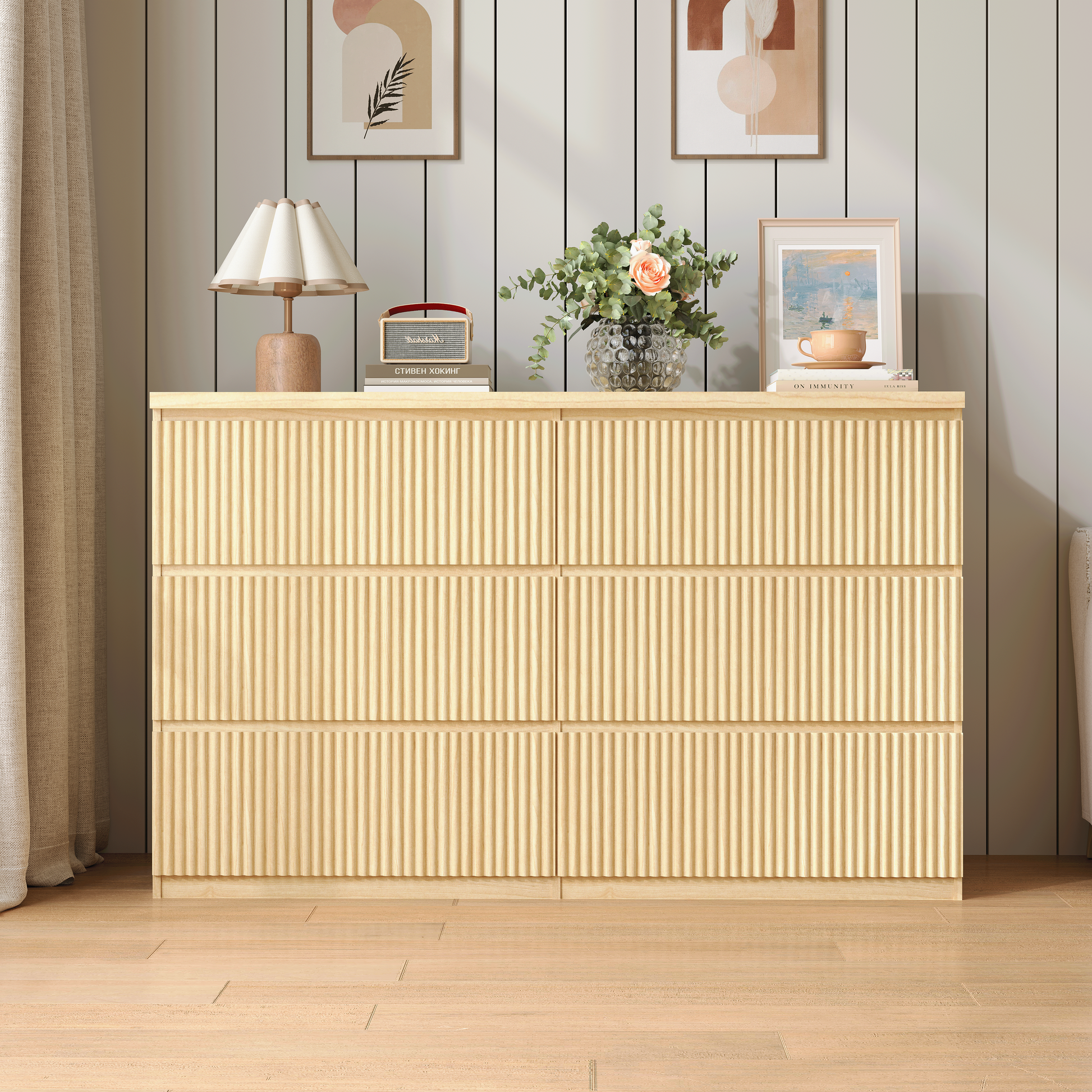 Modern Natural Wood 6 Drawer Dresser, Wave Panel Drawer Fronts, Storage Cabinet, Versatile Chest of Drawers for Bedroom, Living Room - Sleek & Spacious Home Storage Solution image 10
