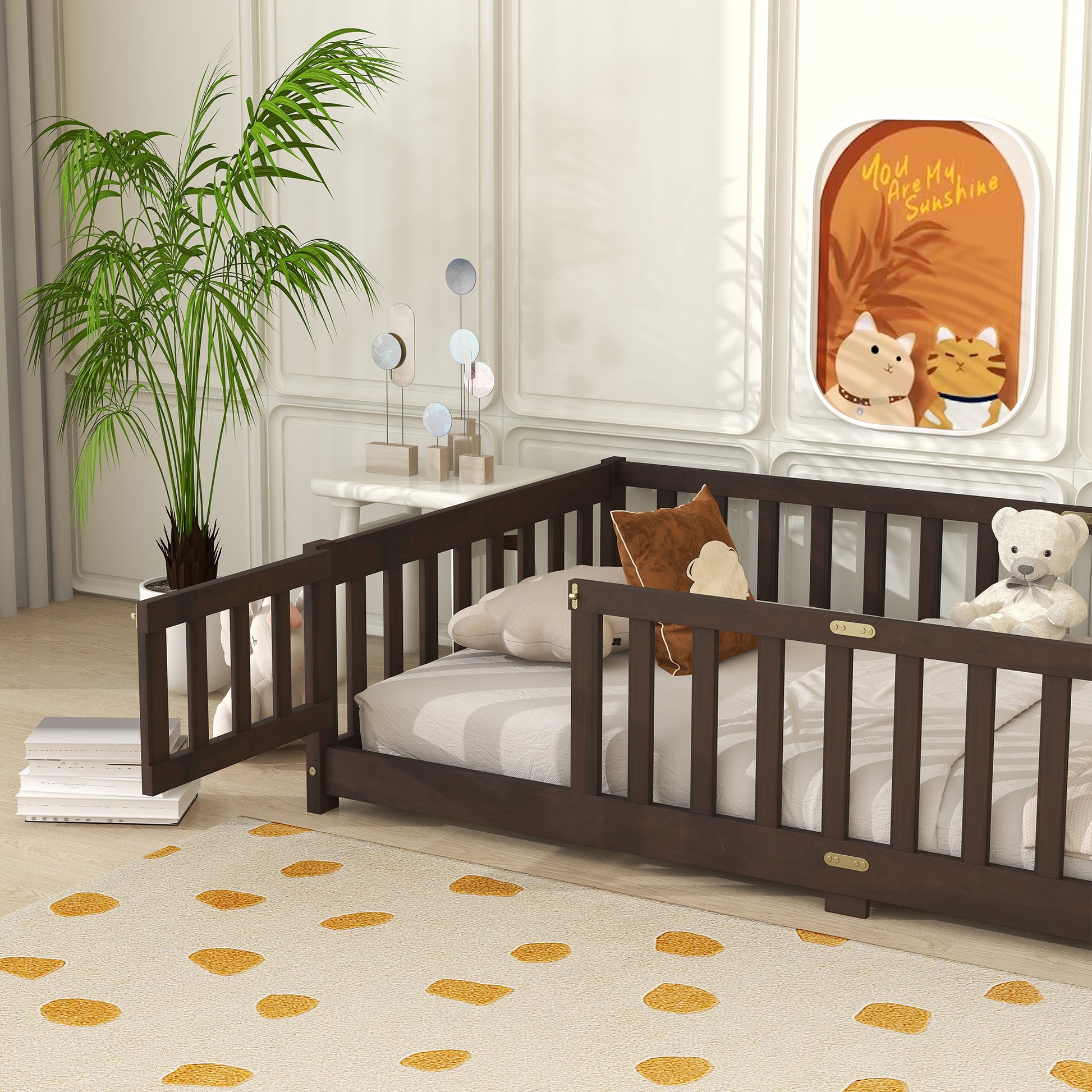 Twin Size Floor Bed with Fence and Door,Rubber Wood Floor Bed with Safety Guardrails,Espresso (Old Sku W504P286375) image 10