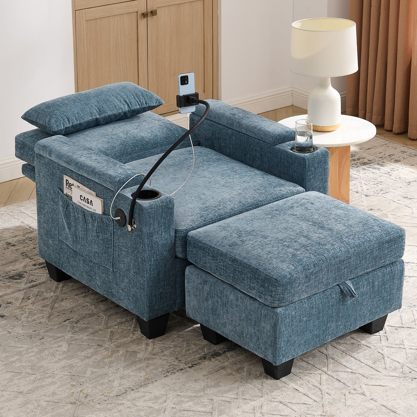 Single sofa recliner with manually adjustable backrest, USB charging port on the armrest side, phone stand included, hidden armrest storage, and a matching storage ottoman-Blue image 3