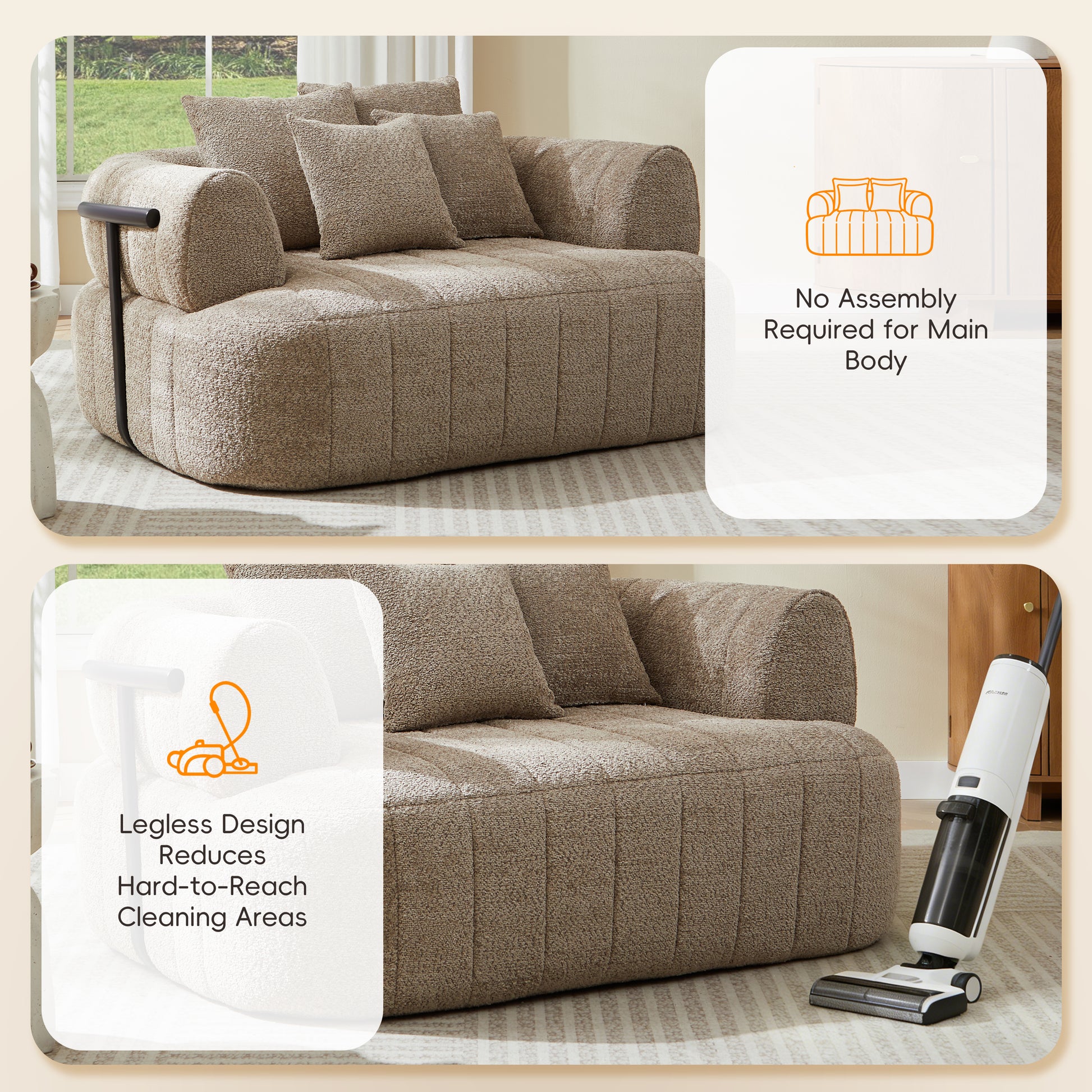 64" Oversized Boneless Chair Chaise Lounge Indoor with Metal Support, Upholstered Boucle Deep Seat Single Cloud Sofa Chair, Cozy Comfy Sofa Bed for Living Room & Bedroom image 8