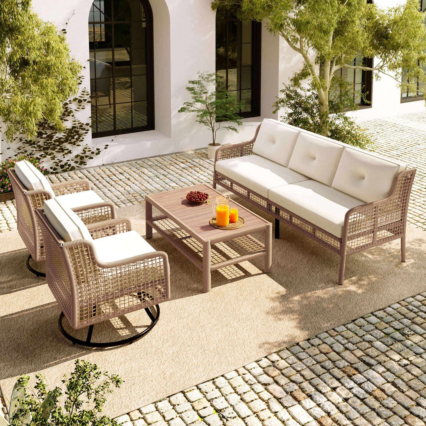<Old SKU: N704G201247A> 4 Pieces Patio Furniture Set with Swivel Chairs, Outdoor Wicker Sofas for 5-person, Sectional Rattan Outdoor Conversation Set for Poolside Backyard Deck, Beige image 2