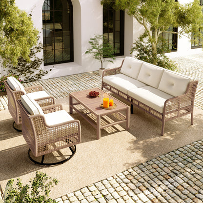 <Old SKU: N704G201247A> 4 Pieces Patio Furniture Set with Swivel Chairs, Outdoor Wicker Sofas for 5-person, Sectional Rattan Outdoor Conversation Set for Poolside Backyard Deck, Beige image 2