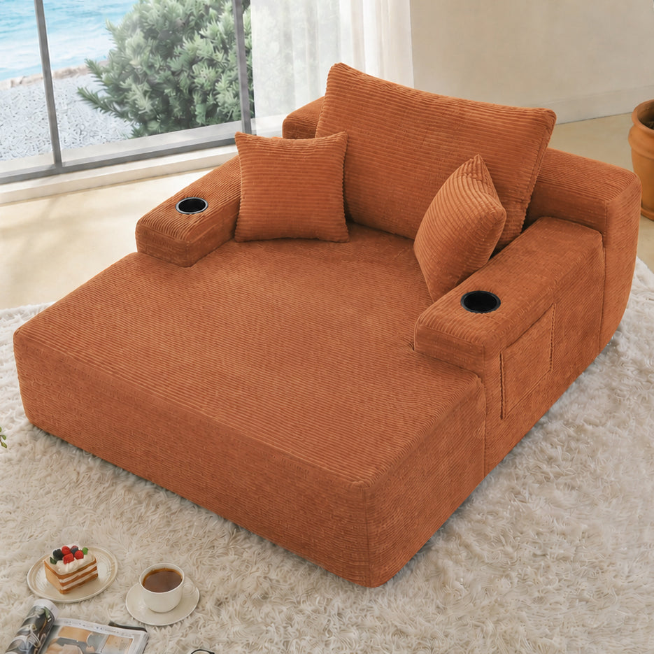 NEW Convertible Chaise Lounge Chair Corduroy with Wide Armrest & Throw Pillows, Cozy Boneless Sleeper Sofa Bed Armchair, with cup holder,for Living Room, Bedroom, No Assembly Required,Orange image 1