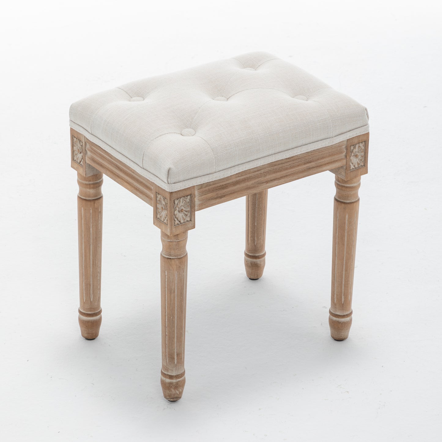 Tufted Vanity Stool with Linen Upholstery & Carved Solid Wood Legs, Dressing Bench for Bedroom, Beige image 4