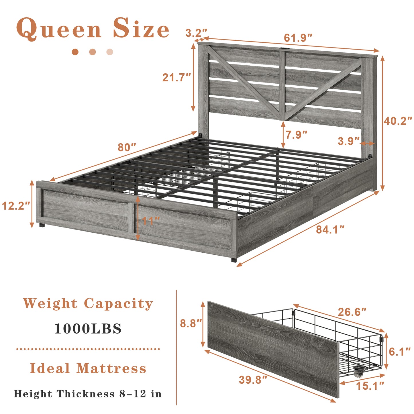 Queen-size Storage Bed Frame with Storage Headboard (4 Storage Drawers on Bed Body + LED Lighting) – Anti-slip & Noise-free Metal Mattress Support Platform + Sturdy Metal Slat Base, Grey image 11