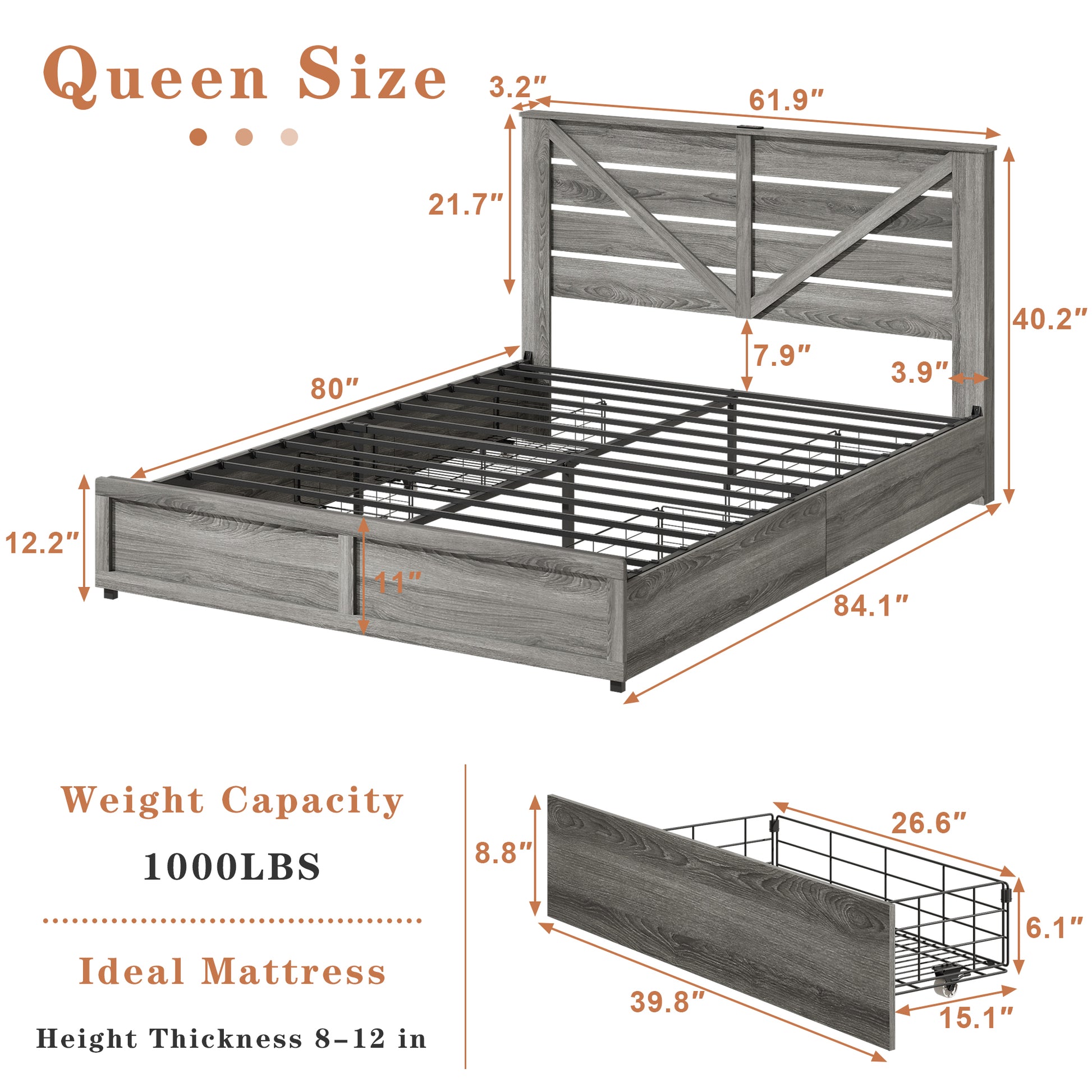 Queen-size Storage Bed Frame with Storage Headboard (4 Storage Drawers on Bed Body + LED Lighting) – Anti-slip & Noise-free Metal Mattress Support Platform + Sturdy Metal Slat Base, Grey image 11