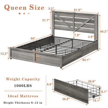 Queen-size Storage Bed Frame with Storage Headboard (4 Storage Drawers on Bed Body + LED Lighting) – Anti-slip & Noise-free Metal Mattress Support Platform + Sturdy Metal Slat Base, Grey image 11