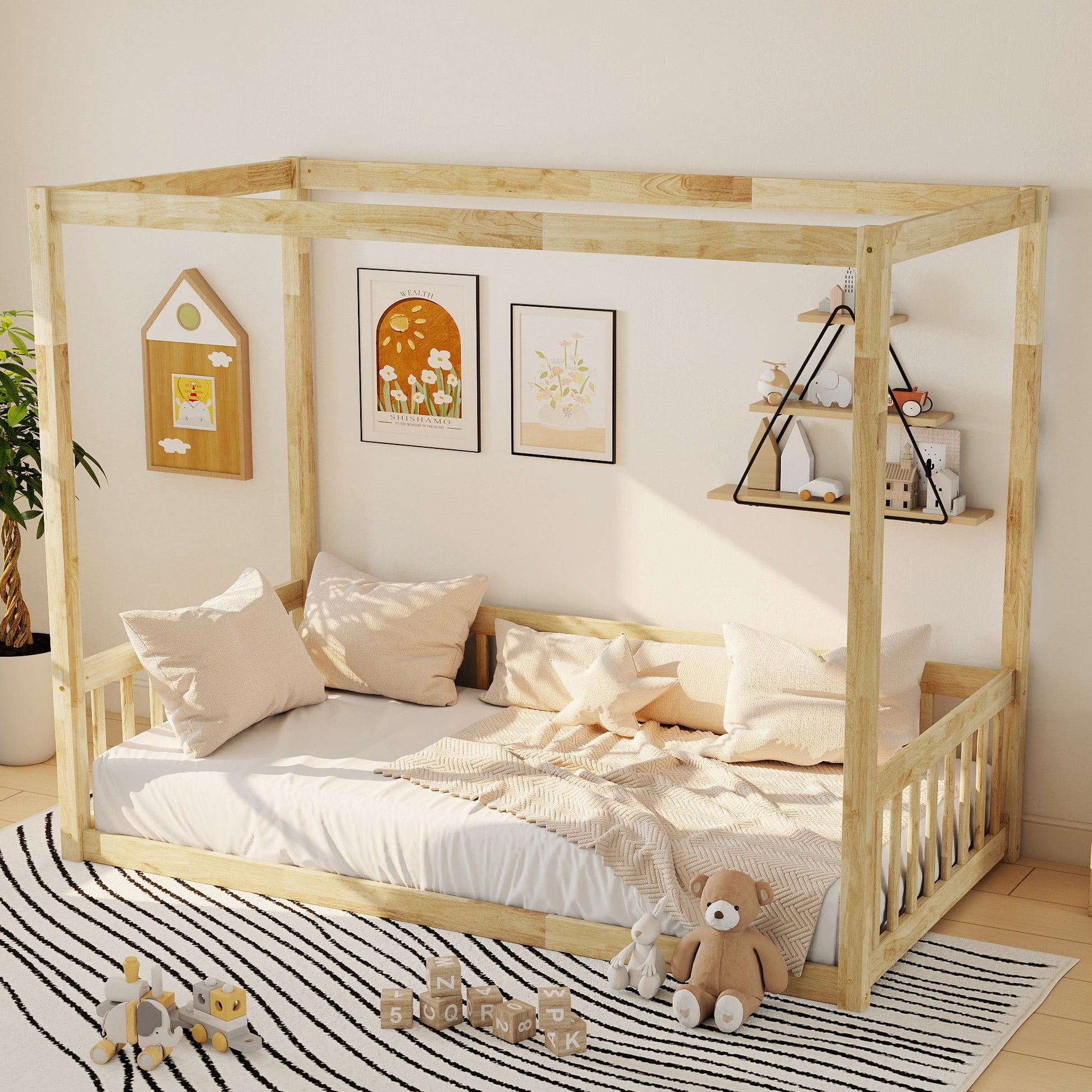 Twin Size Canopy Frame Floor Bed with Fence,Guardrails,Natural (Old Sku:W504P143279) image 10