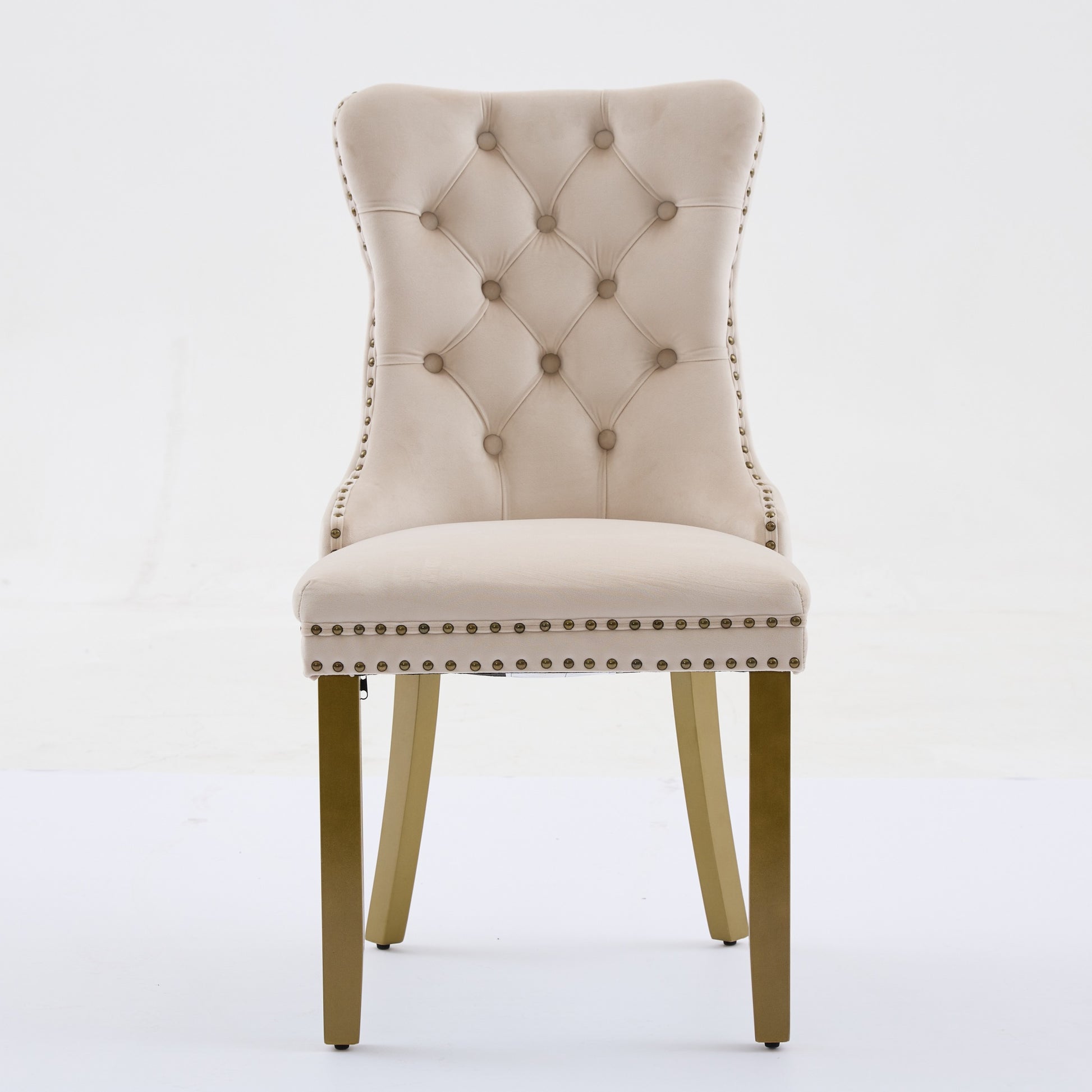 Mid-Century Modern Chairs with Lion Head Pull Ring,High-end Tufted Solid Wood Contemporary Velvet Upholstered Dining Chair with Golden Wooden Legs Nailhead Trim 2-Pcs Set,Beige,SW1201BG image 2