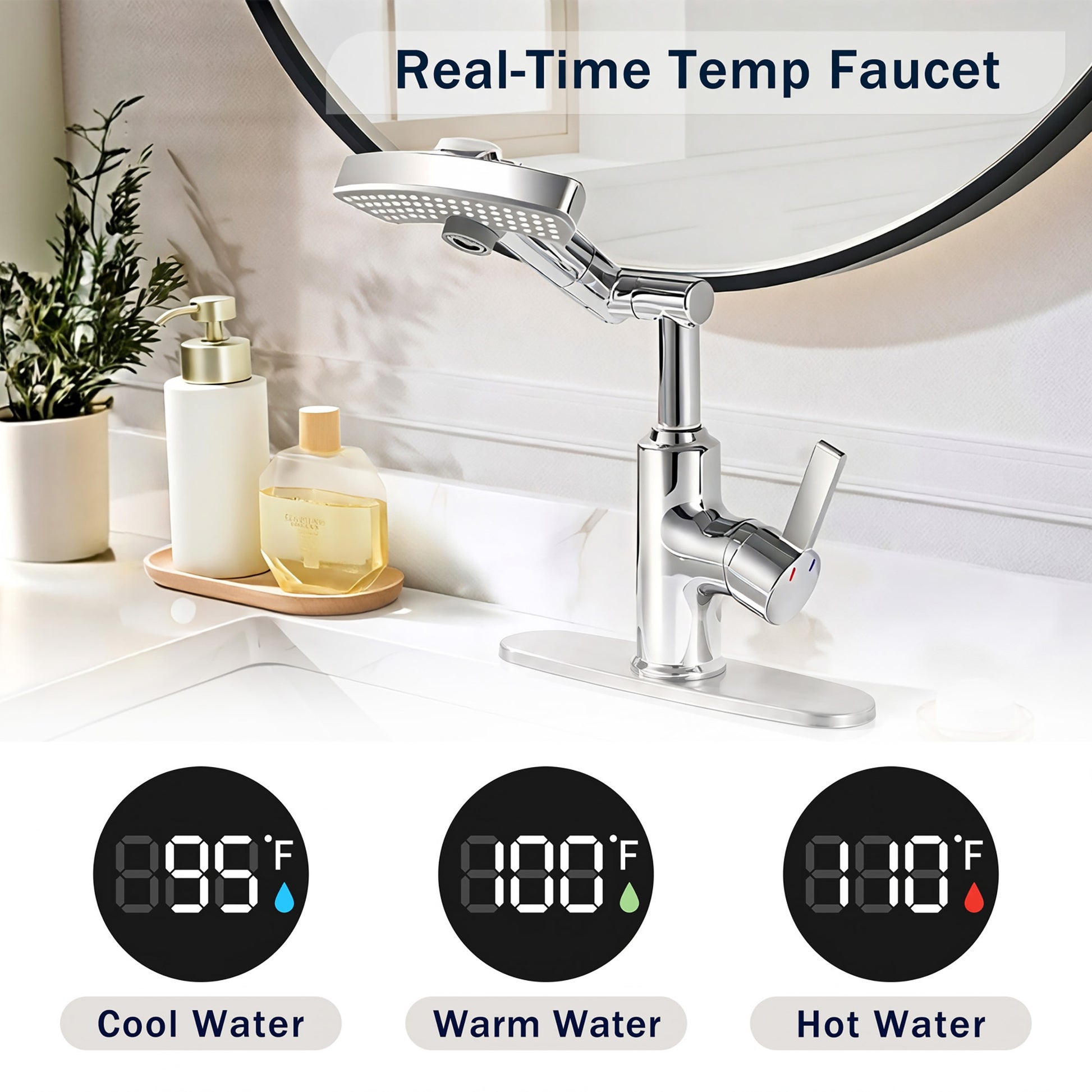 LED Temperature Display Bathroom Faucet, 3 Water Modes & 360° Rotating Spout Single Handle Vanity Sink Faucet with Digital Screen image 4