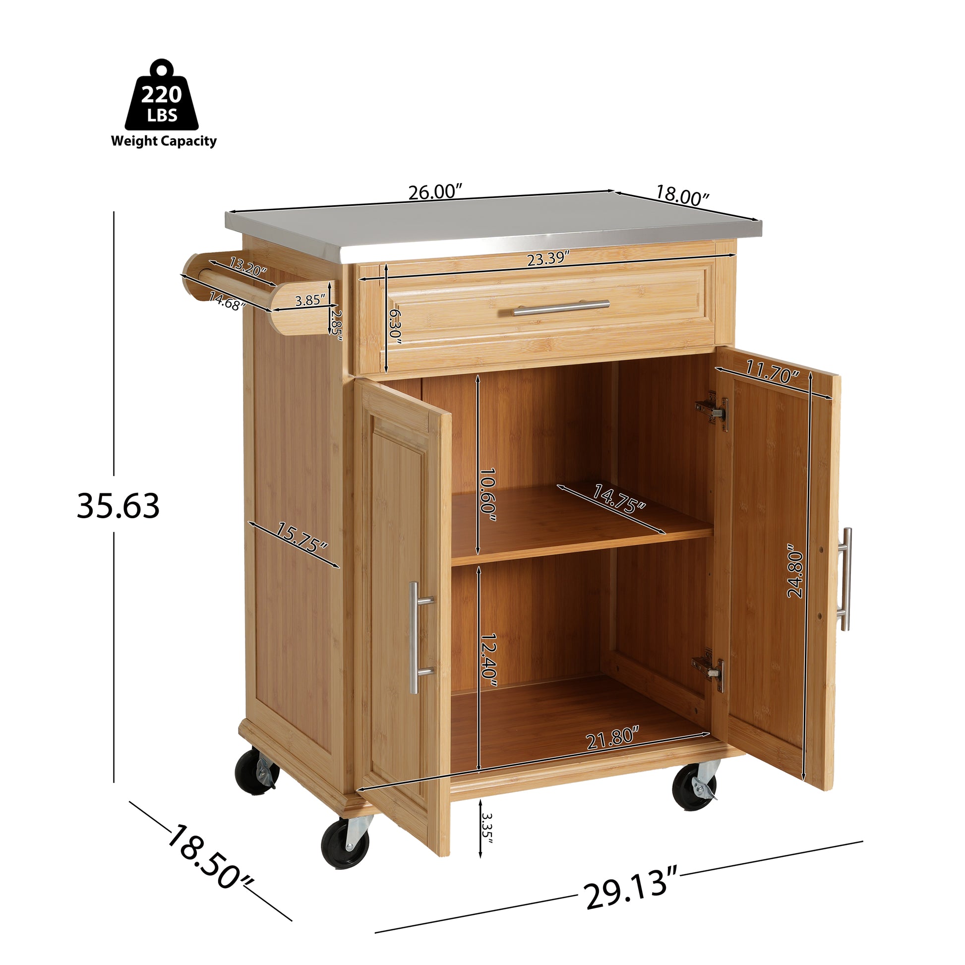 Indoor Compact Bamboo Rolling Kitchen Cart with Stainless Steel Top – Mobile Storage Island with Drawer & Cabinet for Small Spaces image 4