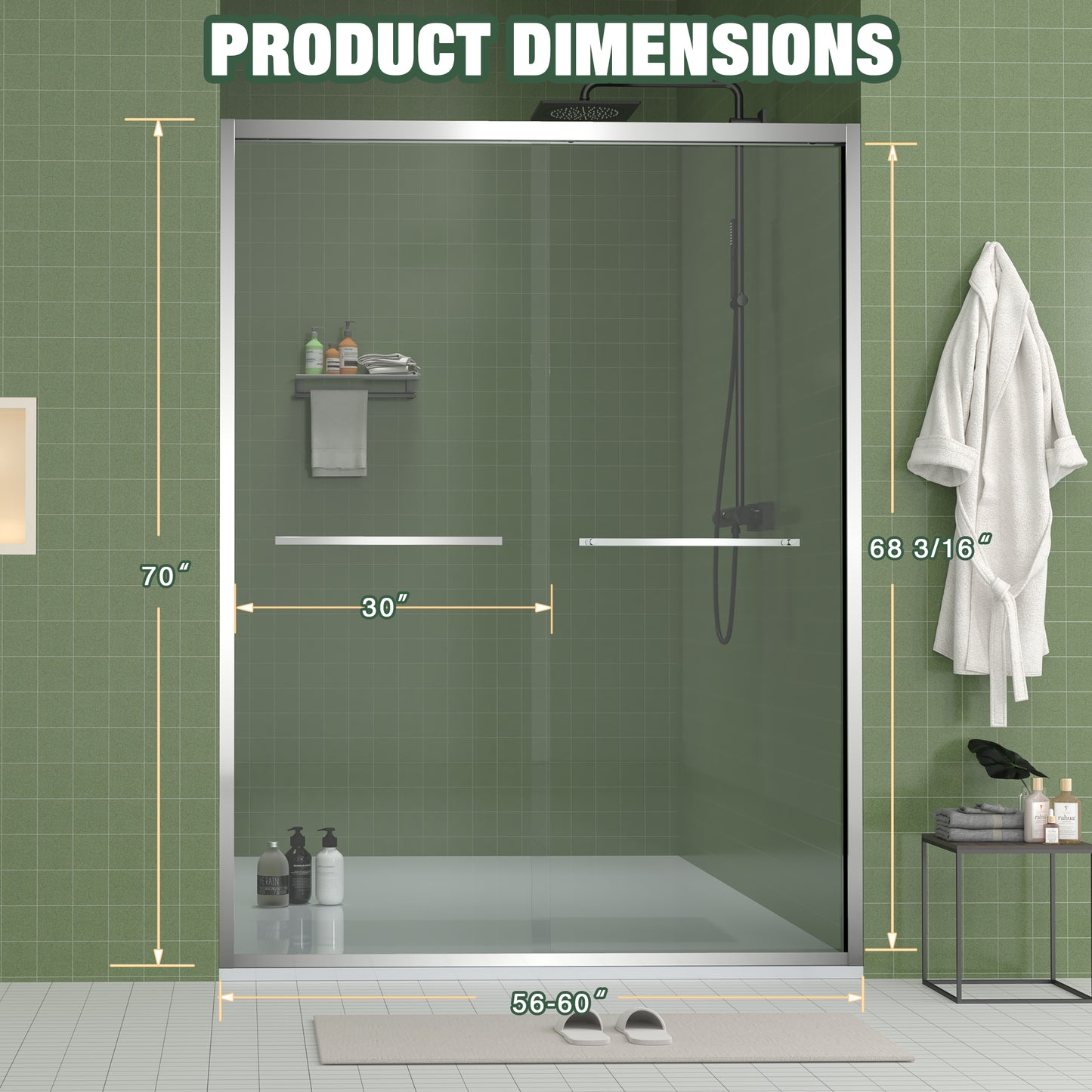 56-60"x70" Aluminum Frame Double Sliding Shower Door,Bypass Bathroom Sliding Door with Premium 5/16" (8mm) Clear Tempered Glass, Chrome Hardware Sliding Glass Shower Enclosure,Chrome Finished image 2