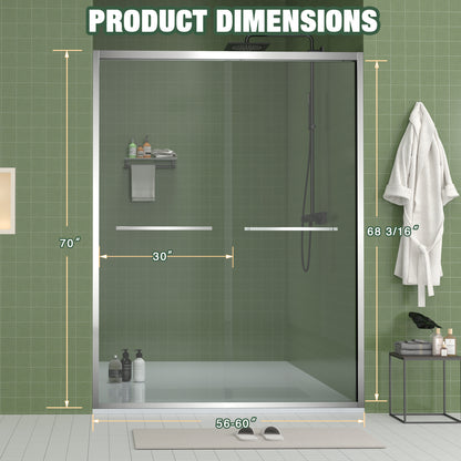 56-60"x70" Aluminum Frame Double Sliding Shower Door,Bypass Bathroom Sliding Door with Premium 5/16" (8mm) Clear Tempered Glass, Chrome Hardware Sliding Glass Shower Enclosure,Chrome Finished image 2
