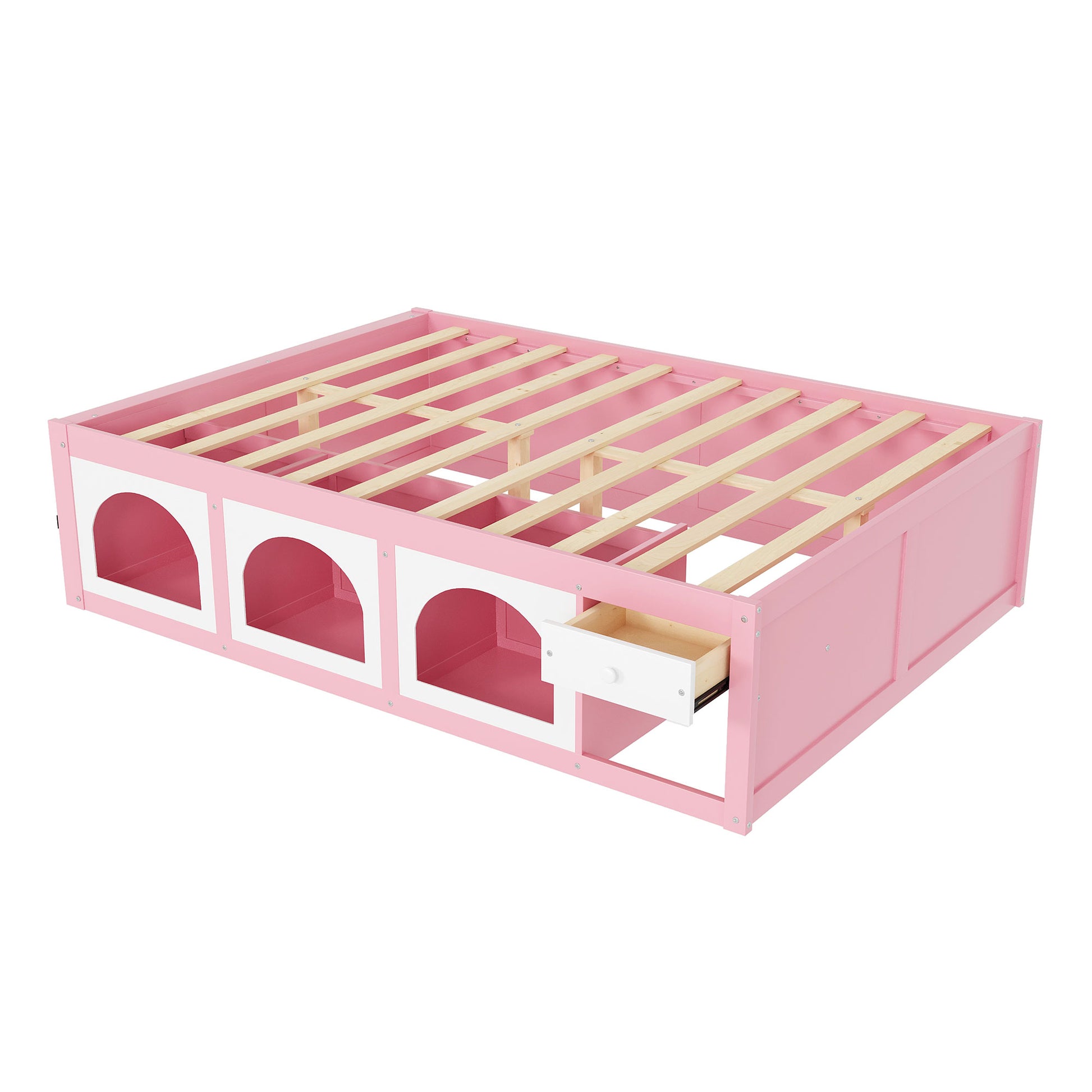 Queen Size Wooden Platform Bed with Bookshelf, Display Cabinet, LED Light and Drawer, Pink+White image 4