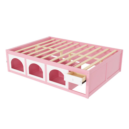 Queen Size Wooden Platform Bed with Bookshelf, Display Cabinet, LED Light and Drawer, Pink+White image 4