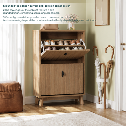 23.6-inch entryway shoe cabinet, ultra-thin flip-down large-capacity dustproof shoe rack for home use, medieval-modern freestanding shoe cabinet, oak color. image 6