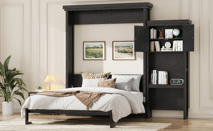 Queen Size Murphy Bed with Multiple Storage Shelves and Louvered Style Decoration,Black image 6