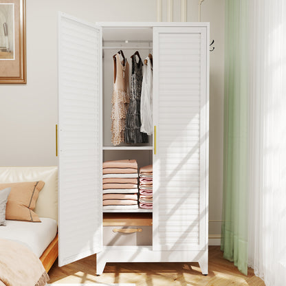 White Metal Wardrobe Closet with 2 Doors, 71″ Tall Portable Storage Cabinet for Bedroom, Lightweight Closet for Small Apartments, Dorm, Renters, Cold Rolled Steel, Easy Assembly image 12