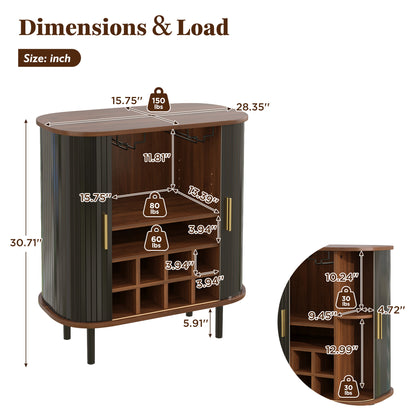 28" Fluted Wine Bar Cabinet with 8-Grid Wine Rack, 5-Level Adjustable Shelves, 2 Glass Holders, Smoothly Sliding Tambour Doors, 4 Hidden Storage Space on the Side, Modern Liquor Coffee Station, Black image 2