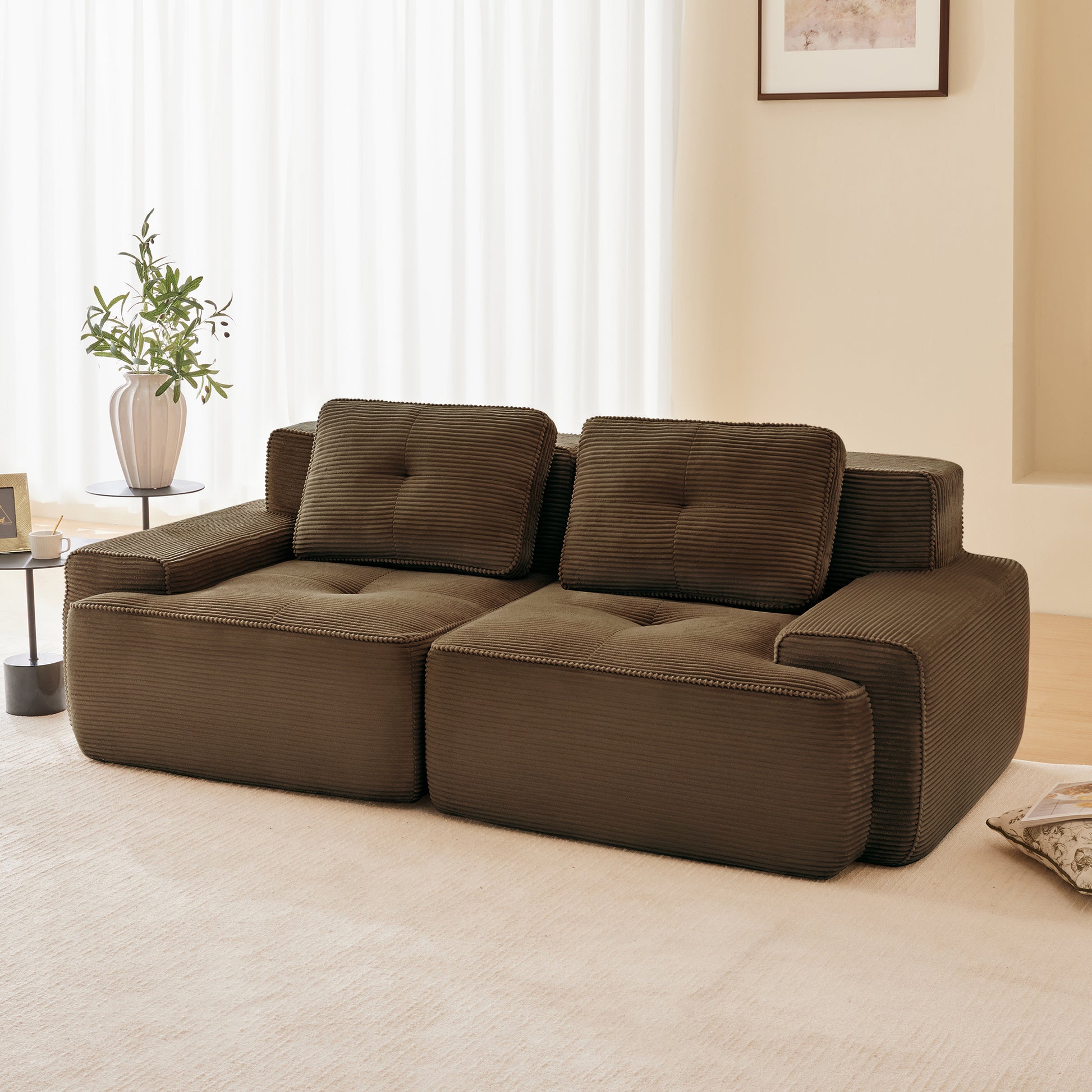 82" Modern L-Shaped Modular Sectional Sofa for Living Room, Corduroy Fabric, 2-Seater Couch with Deep Seat, Pearl-like piping, Tufted Design, No Assembly, Anti-slip Design​, Brown image 2