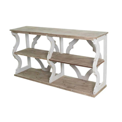 64.2x16.5x33.5" Three-Tiered Wooden Console Table with Cut-Out Patterns, Brown/White image 3