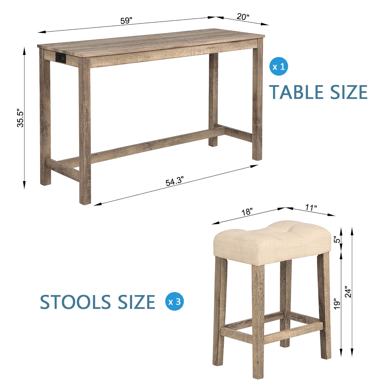 4-Piece Bar Table Set with Power Outlet, Dining Bar Table and Chairs Set,Bar Table Set with 3 Padded Stools for Living Room, Dining Room, Game Room, Brown image 8