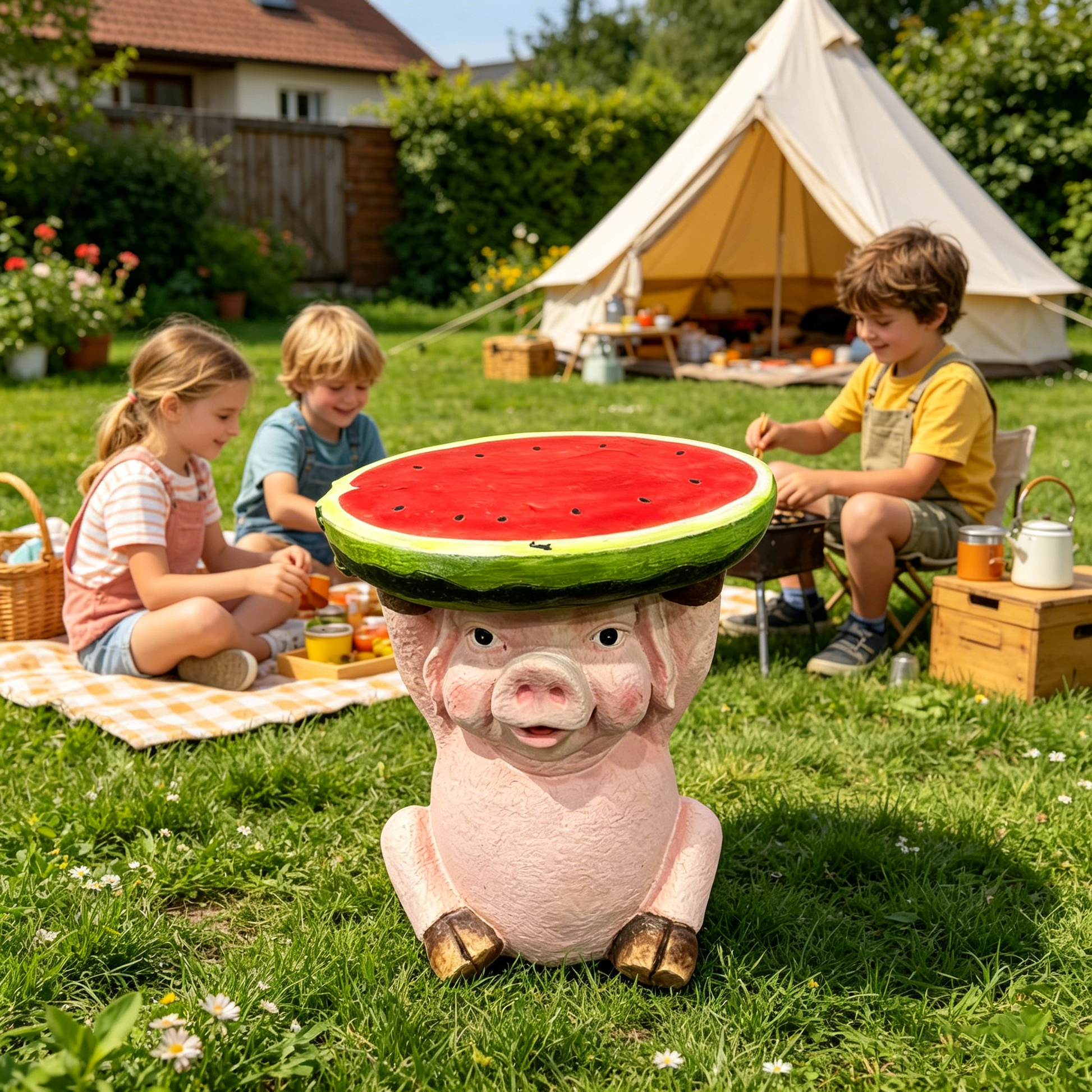 13.39" High Cute Pig Side Table, 11.34" Wide Resin Pig with Watermelon Top, Multi-Functional Plant Stand & End Table for Home & Garden Decoration image 1