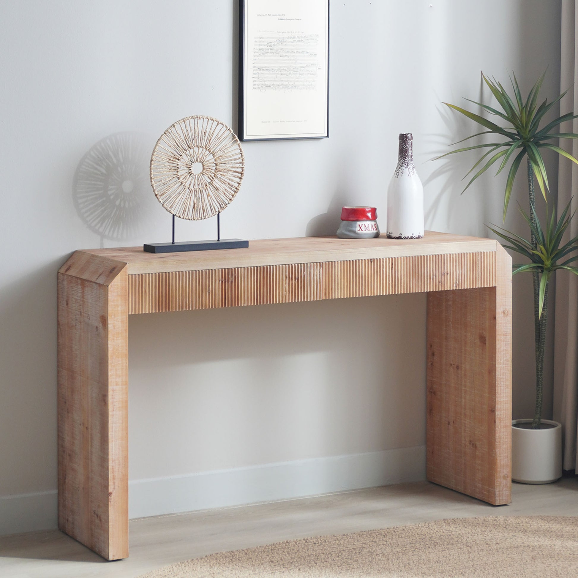 Rustic Wooden Console Table with Drawer – Minimalist Design, Ribbed Texture, and Natural Finish image 2