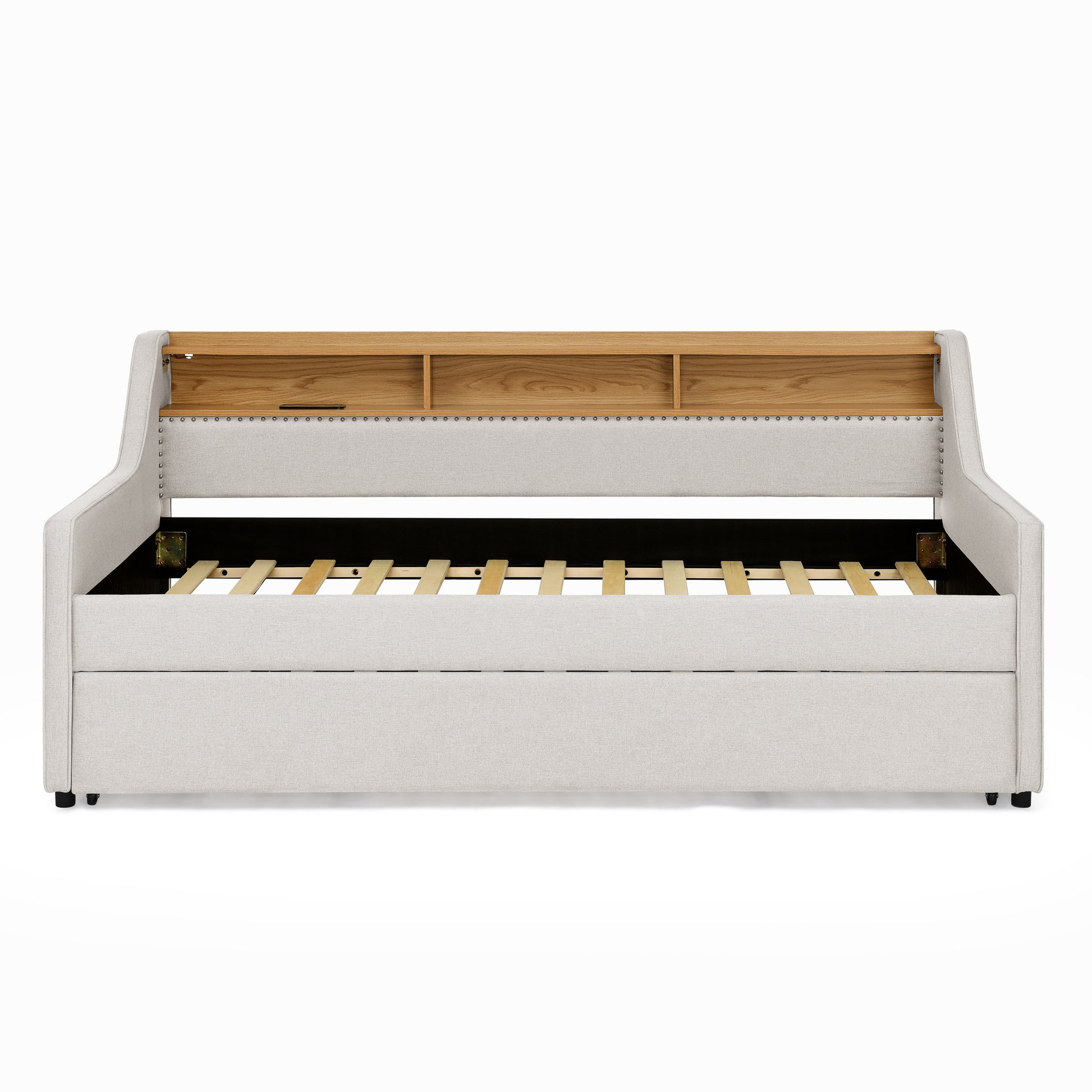 Twin Size Upholstery Sofa Bed with Three LED lights, with Storage Adjustable Headboard, with Foldable Leg Pull up Trundle Bed and Wireless Charging, Linen Padded Sofa Bed frame, Beige image 8